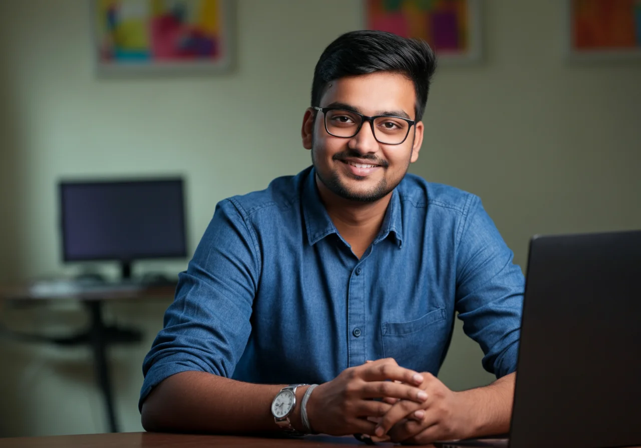 a men which blue tshirt in front of laptop sitting in chair